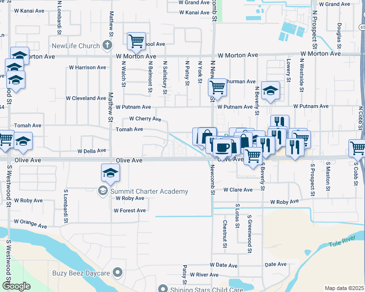 map of restaurants, bars, coffee shops, grocery stores, and more near 1700 West Olive Avenue in Porterville