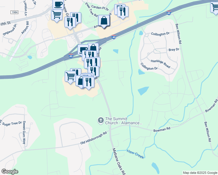 map of restaurants, bars, coffee shops, grocery stores, and more near 1424 Mebane Oaks Road in Mebane