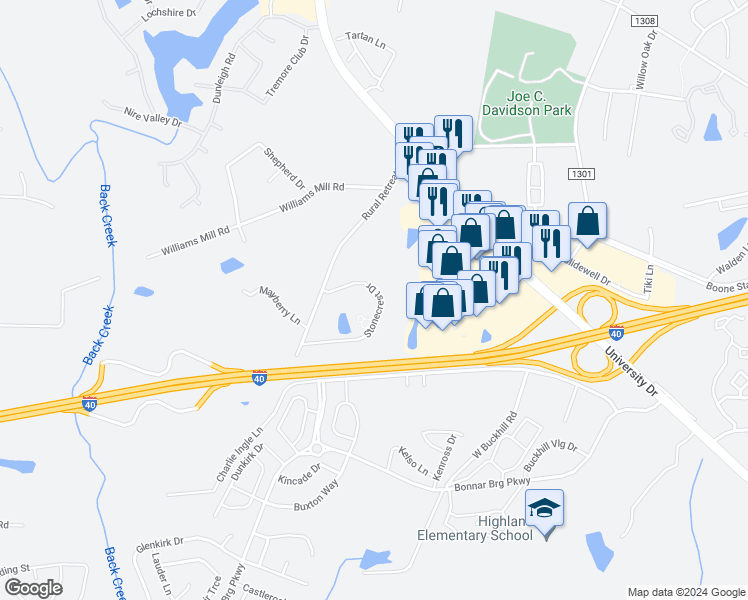 map of restaurants, bars, coffee shops, grocery stores, and more near 4229 Stonecrest Drive in Burlington