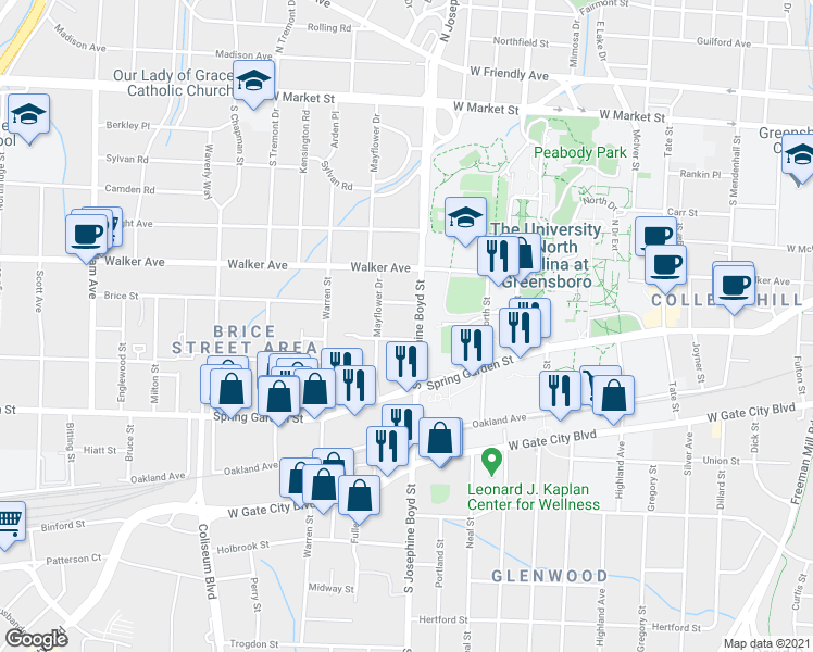 map of restaurants, bars, coffee shops, grocery stores, and more near 530 South Josephine Boyd Street in Greensboro