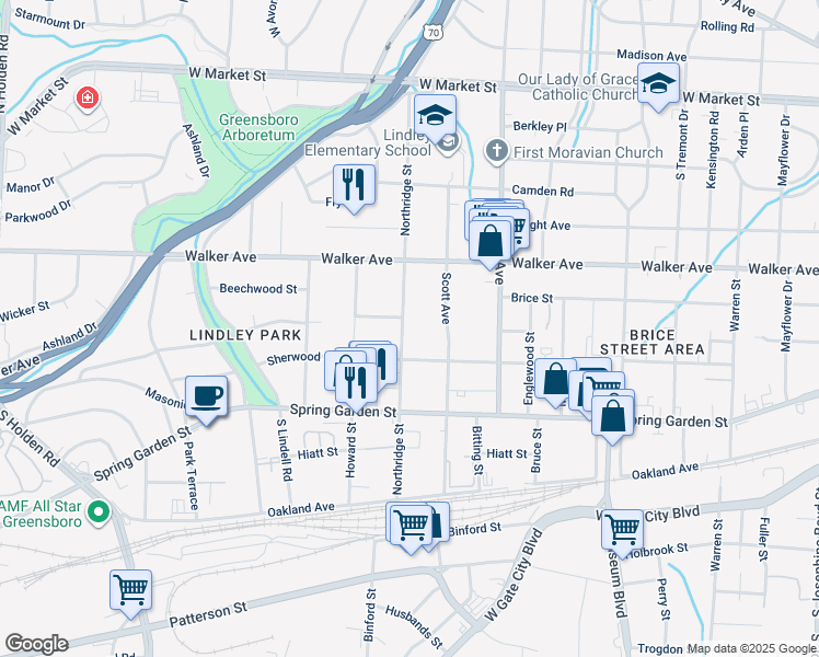 map of restaurants, bars, coffee shops, grocery stores, and more near 705 Northridge Street in Greensboro