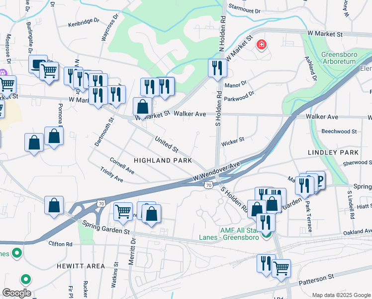 map of restaurants, bars, coffee shops, grocery stores, and more near 4219 United Street in Greensboro
