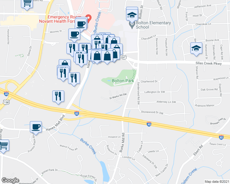 map of restaurants, bars, coffee shops, grocery stores, and more near 150 Charlestowne Circle in Winston-Salem