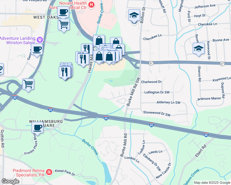map of restaurants, bars, coffee shops, grocery stores, and more near 150 Charlestowne Circle in Winston-Salem