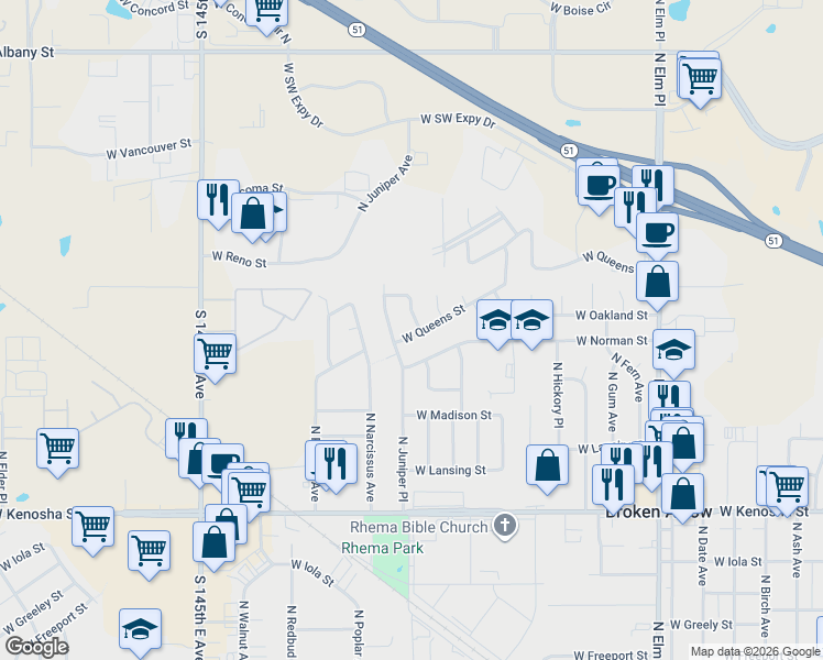 map of restaurants, bars, coffee shops, grocery stores, and more near 1020 West Norman Street in Broken Arrow