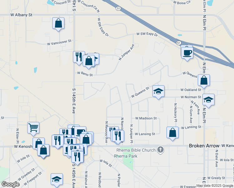 map of restaurants, bars, coffee shops, grocery stores, and more near 1404 West Oakland Street in Broken Arrow