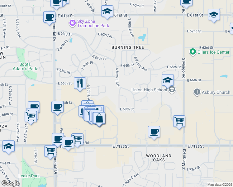 map of restaurants, bars, coffee shops, grocery stores, and more near 6736 South 90th East Avenue in Tulsa