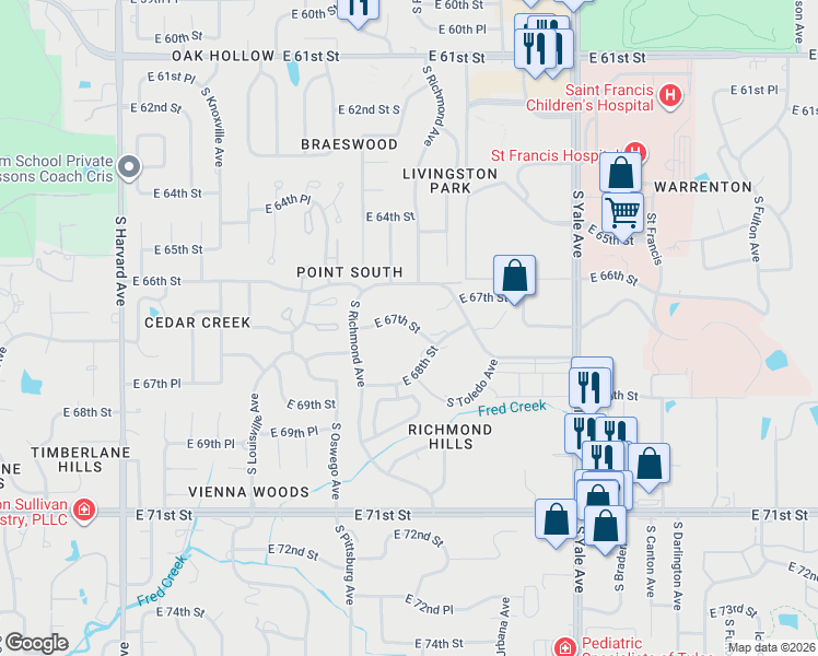 map of restaurants, bars, coffee shops, grocery stores, and more near 4422 East 68th Street in Tulsa