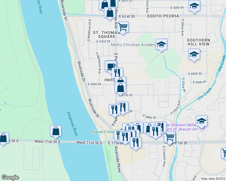 map of restaurants, bars, coffee shops, grocery stores, and more near 6662 South Peoria Avenue in Tulsa