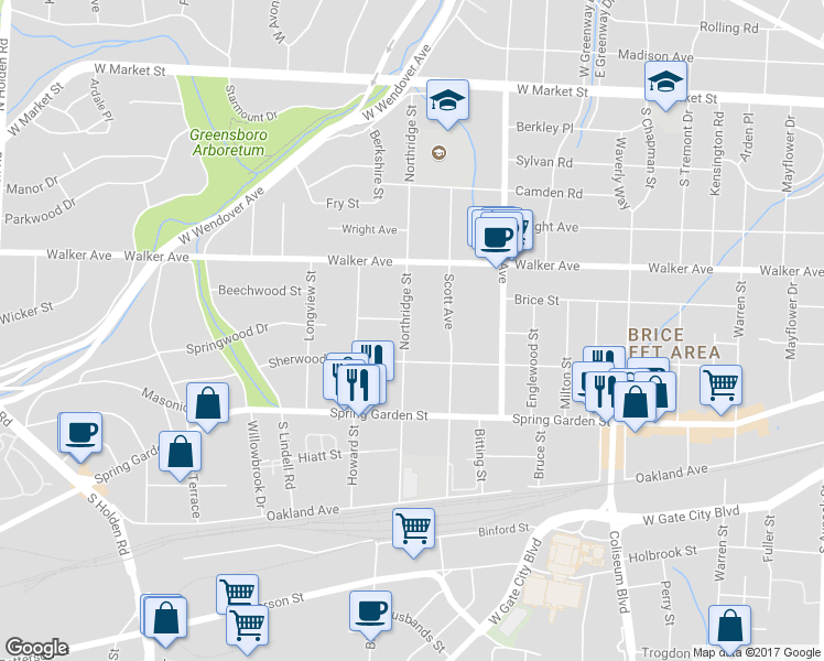 map of restaurants, bars, coffee shops, grocery stores, and more near 705 Northridge Street in Greensboro