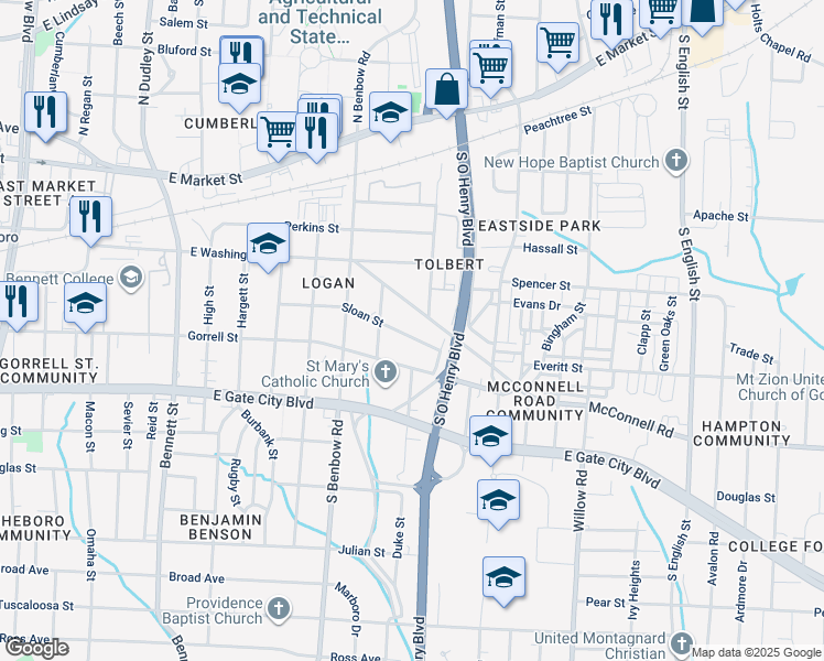 map of restaurants, bars, coffee shops, grocery stores, and more near 1411 Gorrell Street in Greensboro
