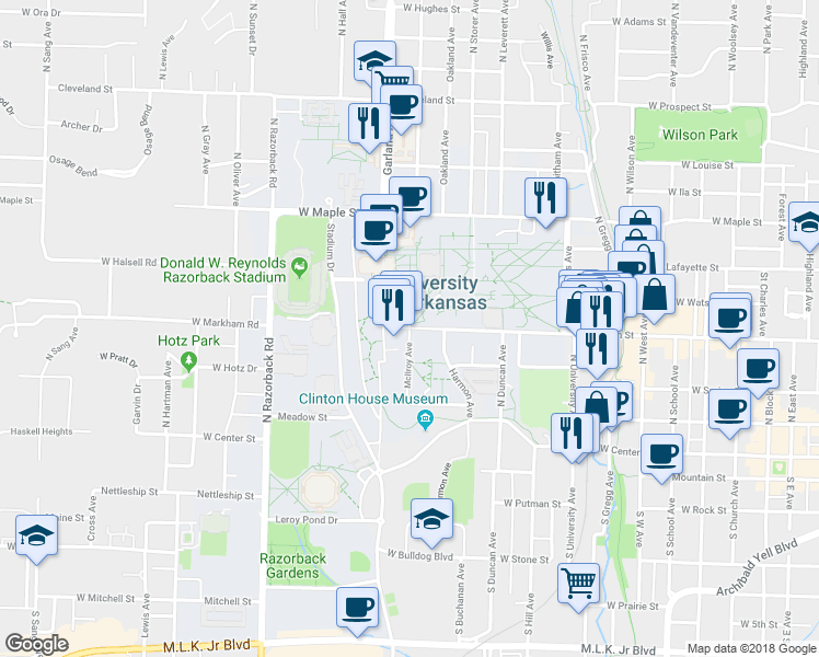 map of restaurants, bars, coffee shops, grocery stores, and more near North Ozark Avenue in Fayetteville