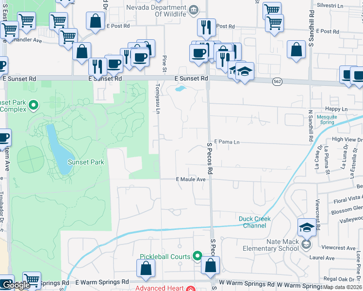 map of restaurants, bars, coffee shops, grocery stores, and more near 6891 South Pecos Road in Las Vegas