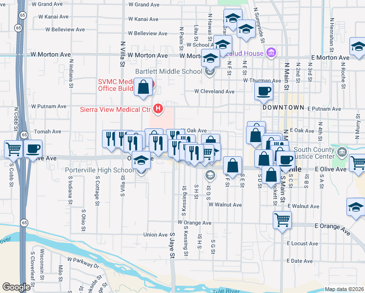 map of restaurants, bars, coffee shops, grocery stores, and more near 40 N Kessing St in Porterville