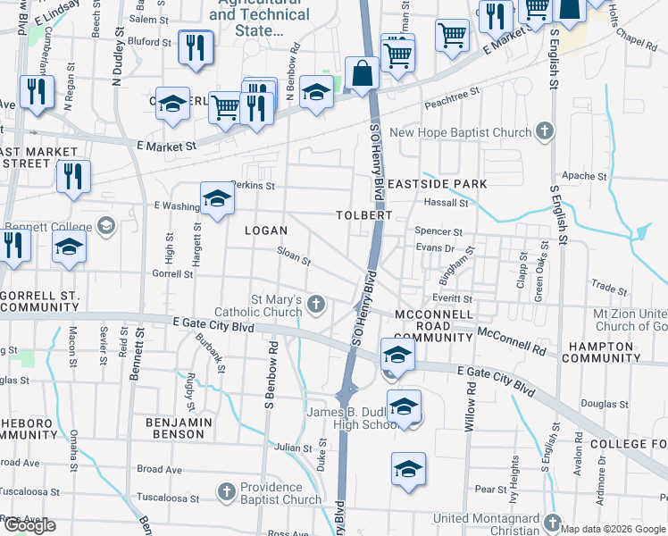 map of restaurants, bars, coffee shops, grocery stores, and more near 1411 Gorrell Street in Greensboro