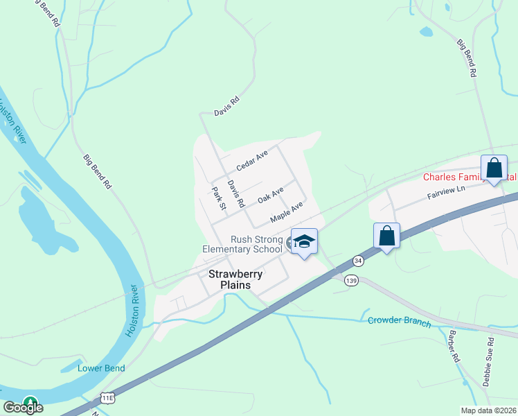 map of restaurants, bars, coffee shops, grocery stores, and more near 3306 Maple Ave in Strawberry Plains
