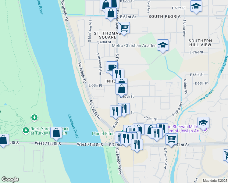 map of restaurants, bars, coffee shops, grocery stores, and more near 6642 South Peoria Avenue in Tulsa