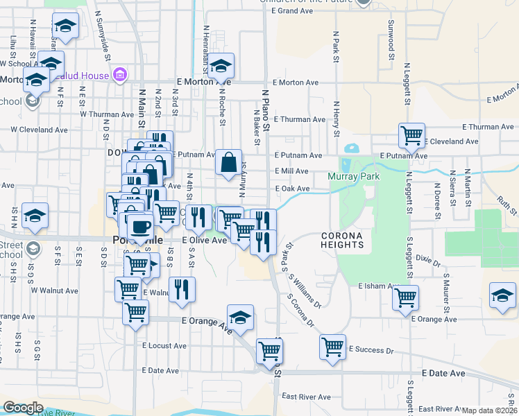 map of restaurants, bars, coffee shops, grocery stores, and more near 381 East Garden Avenue in Porterville