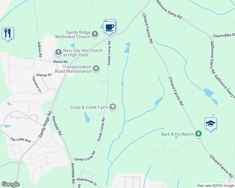map of restaurants, bars, coffee shops, grocery stores, and more near 4708 Sandy Camp Road in High Point