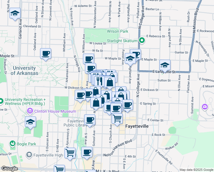 map of restaurants, bars, coffee shops, grocery stores, and more near 228 North Locust Avenue in Fayetteville