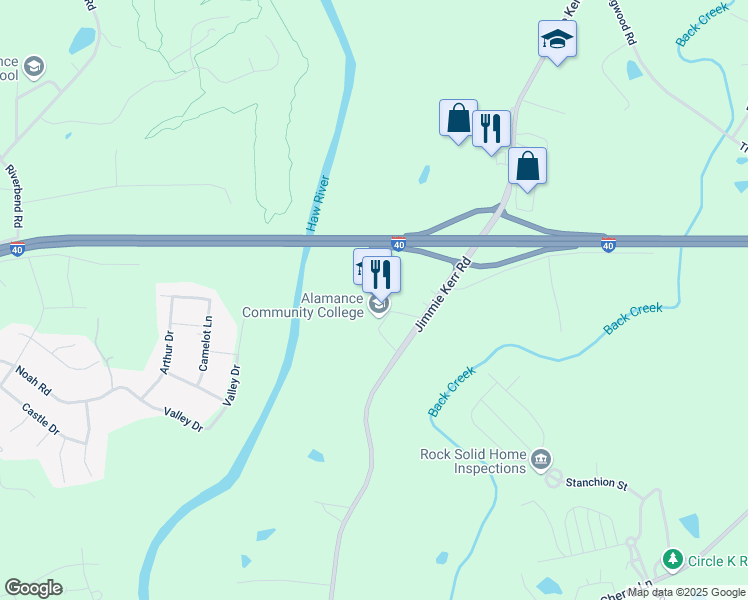 map of restaurants, bars, coffee shops, grocery stores, and more near 1247 Jimmie Kerr Road in Haw River