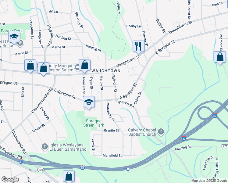 map of restaurants, bars, coffee shops, grocery stores, and more near 2272 Brindle Street in Winston-Salem