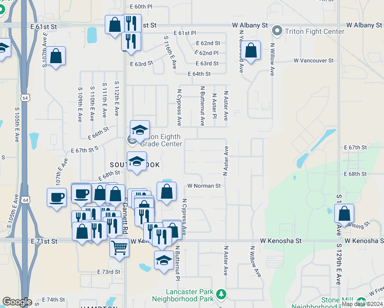 map of restaurants, bars, coffee shops, grocery stores, and more near 4507 West Princeton Place in Broken Arrow