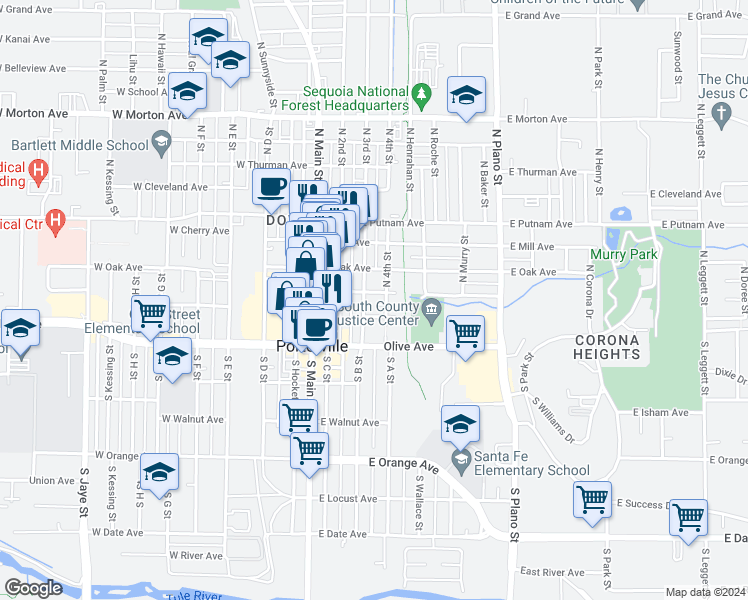 map of restaurants, bars, coffee shops, grocery stores, and more near 125 East Garden Avenue in Porterville