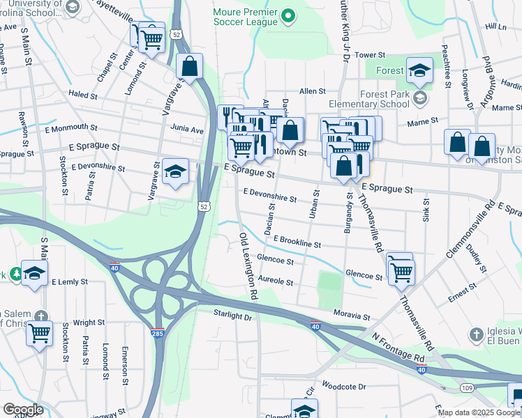 map of restaurants, bars, coffee shops, grocery stores, and more near 631 Goldfloss Street in Winston-Salem