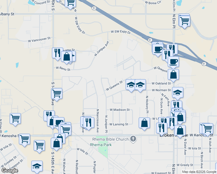 map of restaurants, bars, coffee shops, grocery stores, and more near 1020 West Norman Street in Broken Arrow