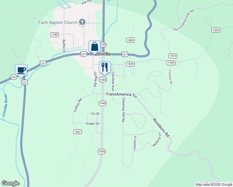 map of restaurants, bars, coffee shops, grocery stores, and more near 58 Carolina Avenue in Linville