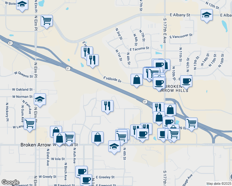 map of restaurants, bars, coffee shops, grocery stores, and more near 406 East Madison Street North in Broken Arrow