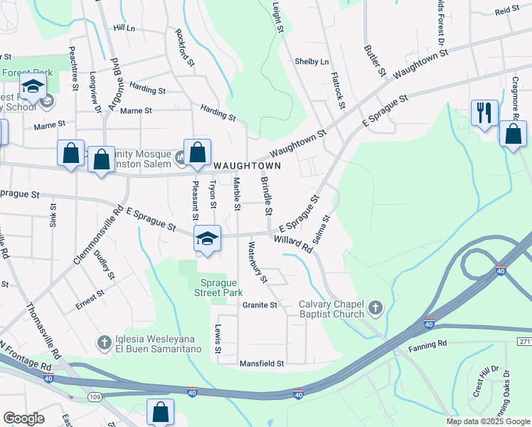 map of restaurants, bars, coffee shops, grocery stores, and more near 2272 Brindle Street in Winston-Salem