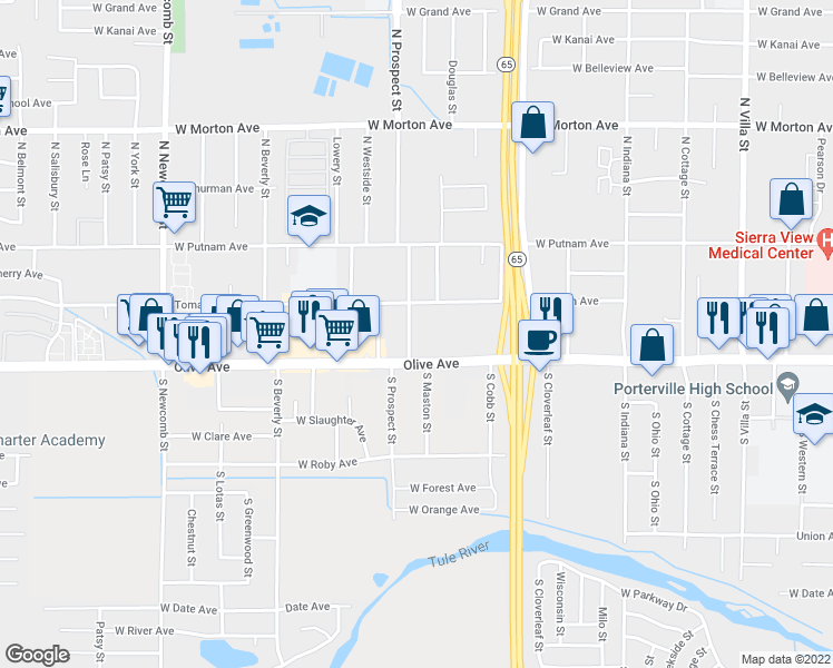 map of restaurants, bars, coffee shops, grocery stores, and more near 44 North Prospect Street in Porterville