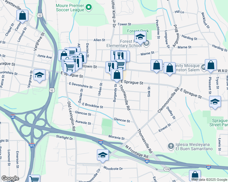 map of restaurants, bars, coffee shops, grocery stores, and more near 844 East Devonshire Street in Winston-Salem