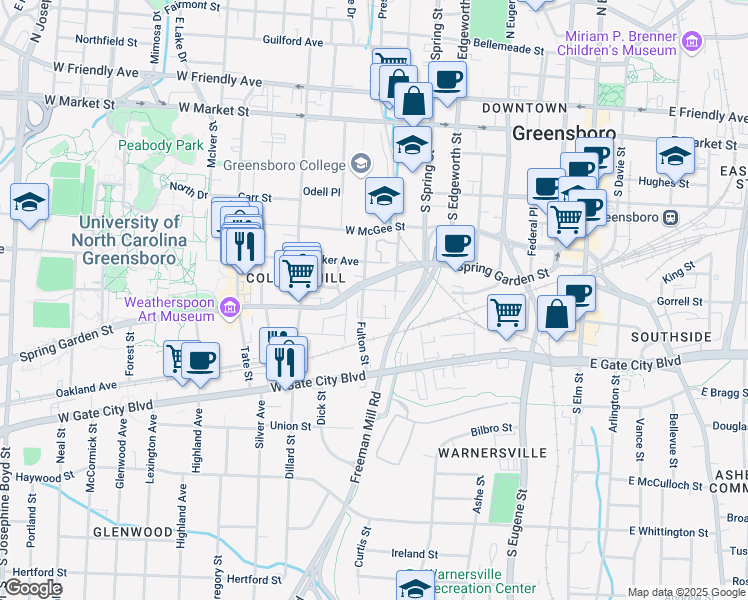 map of restaurants, bars, coffee shops, grocery stores, and more near 713 Morehead Avenue in Greensboro
