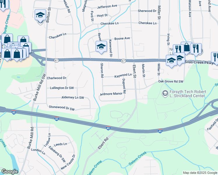 map of restaurants, bars, coffee shops, grocery stores, and more near 1346 Oak Grove Road in Winston-Salem