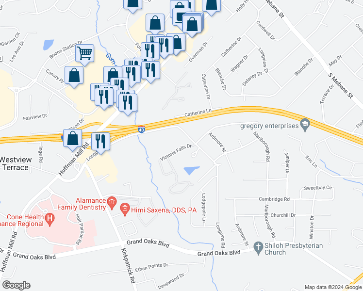 map of restaurants, bars, coffee shops, grocery stores, and more near 2871 Victoria Falls Drive in Burlington