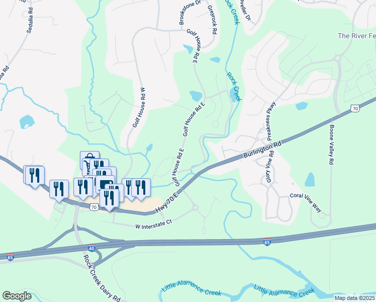 map of restaurants, bars, coffee shops, grocery stores, and more near 930 Golf House Road East in Whitsett