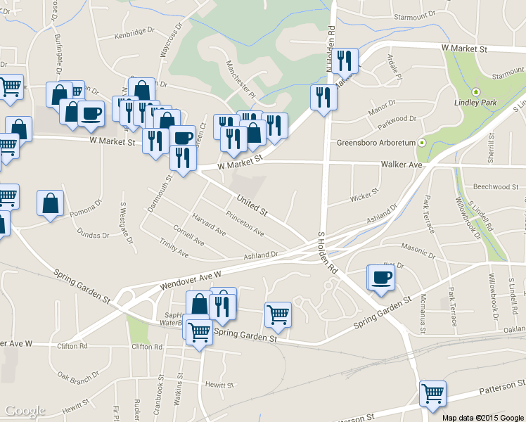 map of restaurants, bars, coffee shops, grocery stores, and more near 3939 West Market Street in Greensboro