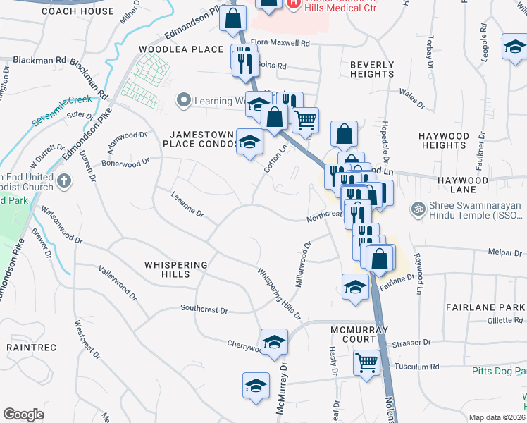 map of restaurants, bars, coffee shops, grocery stores, and more near 113 Northcrest Court in Nashville