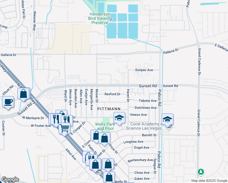 map of restaurants, bars, coffee shops, grocery stores, and more near 446 Rexford Drive in Henderson