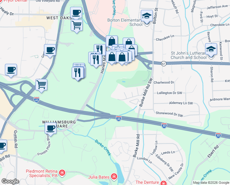 map of restaurants, bars, coffee shops, grocery stores, and more near 2966 Saint Marks Road Southwest in Winston-Salem