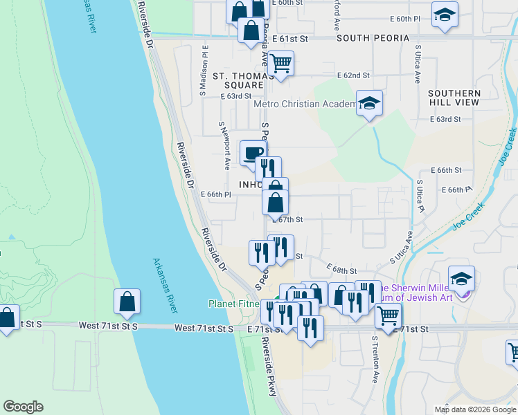 map of restaurants, bars, coffee shops, grocery stores, and more near 6622 South Peoria Avenue in Tulsa