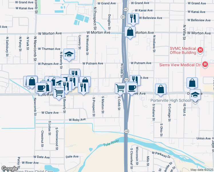 map of restaurants, bars, coffee shops, grocery stores, and more near 1105 Tomah Avenue in Porterville