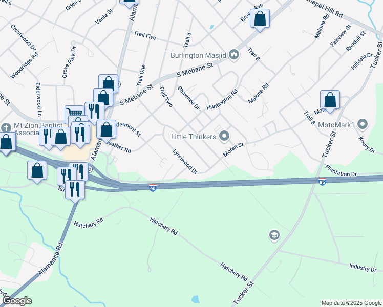 map of restaurants, bars, coffee shops, grocery stores, and more near 710-712 Trail Two in Burlington