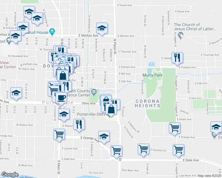 map of restaurants, bars, coffee shops, grocery stores, and more near 379 East Garden Avenue in Porterville