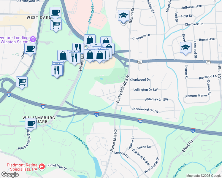 map of restaurants, bars, coffee shops, grocery stores, and more near 2926 Saint Marks Road Southwest in Winston-Salem