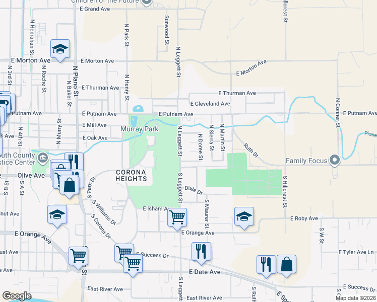 map of restaurants, bars, coffee shops, grocery stores, and more near 112 North Leggett Street in Porterville