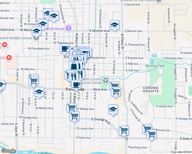 map of restaurants, bars, coffee shops, grocery stores, and more near 118 North 4th Street in Porterville